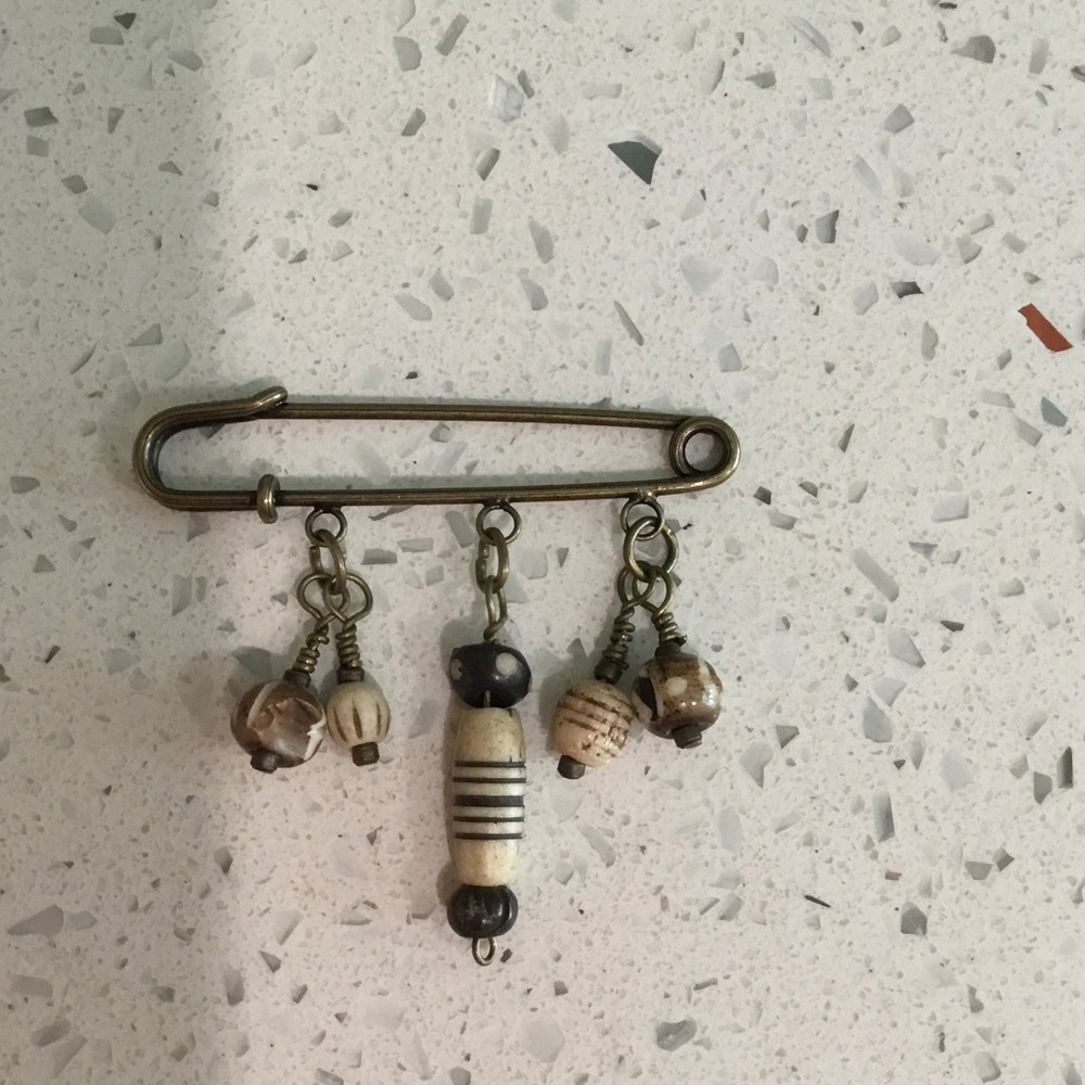 Beaded Dangle Safety Pin Brooch - Neutral Tones